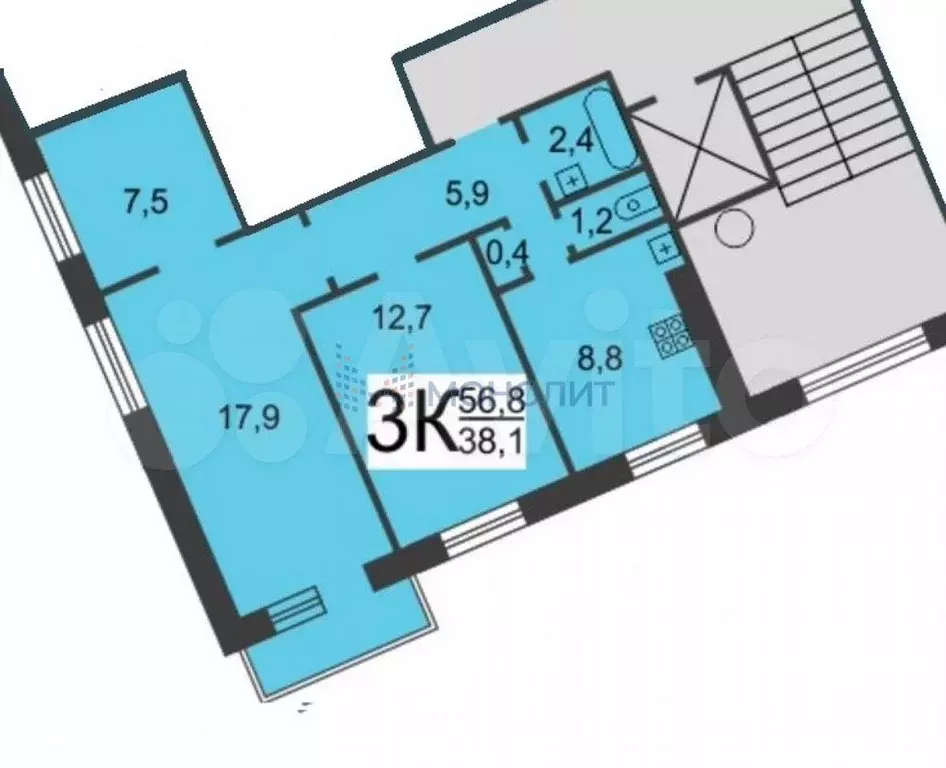 3-к. квартира, 56,8 м, 7/9 эт. - Фото 0