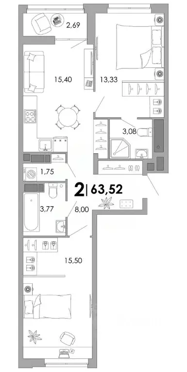 2-к кв. Владимирская область, Владимир Уно жилой комплекс (63.52 м) - Фото 1