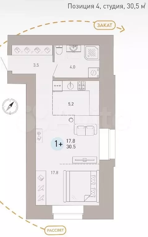 Квартира-студия, 30,5 м, 9/9 эт. - Фото 1