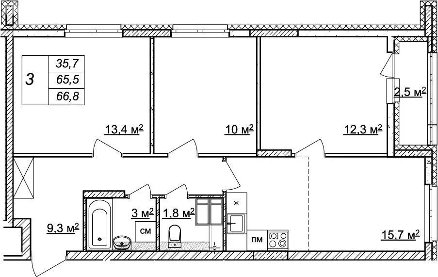 3-комнатная квартира: Нижний Новгород, ЖК Кузнечиха Город, 13 (66.8 м) - Фото 1
