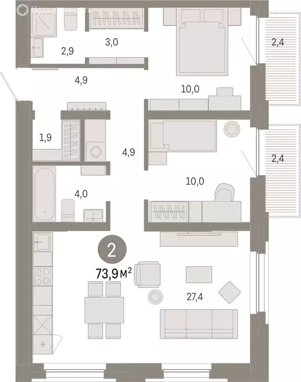 2-комнатная квартира: Тюмень, Мысовская улица, 26к2 (73.91 м) - Фото 1