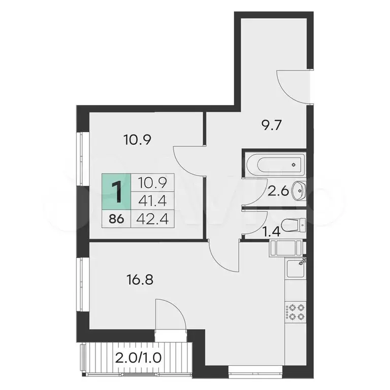 1-к. квартира, 42,4 м, 7/9 эт. - Фото 0