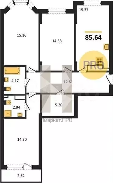 3-к. квартира, 85,6 м, 3/9 эт. - Фото 1