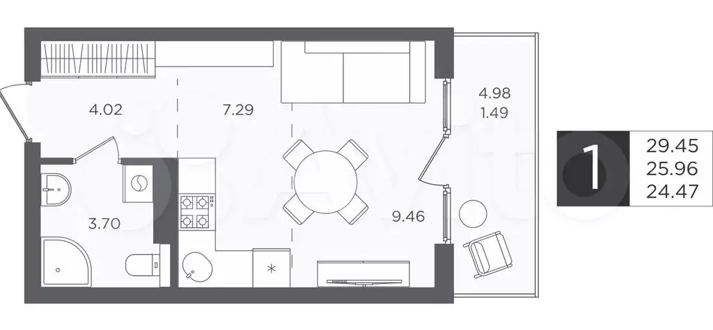 1-к. квартира, 29,5 м, 3/4 эт. - Фото 1