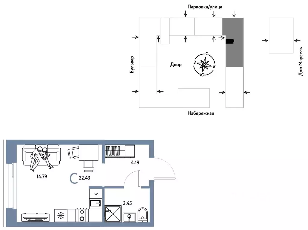 Студия Тюменская область, Тюмень Береговая ул., 100к2 (22.43 м) - Фото 1