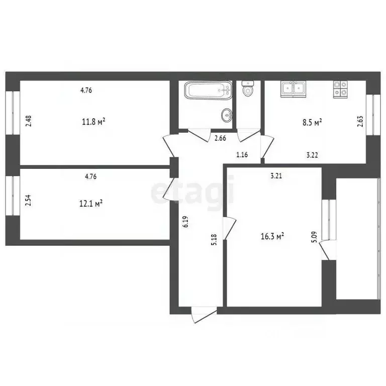 3-к кв. Тюменская область, Тюмень ул. Домостроителей, 4 (65.1 м) - Фото 2
