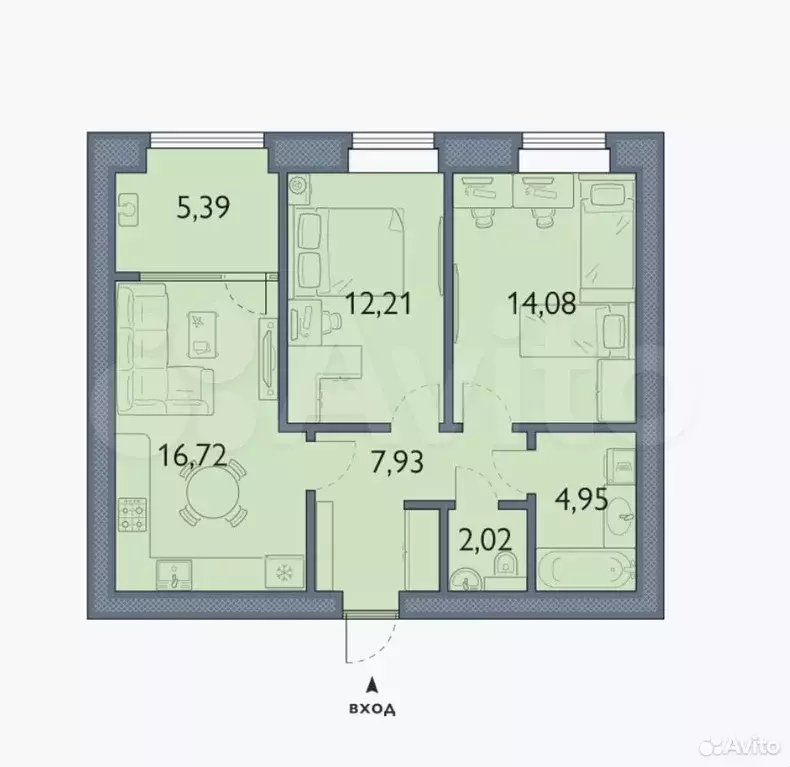 2-к. квартира, 63,3 м, 6/8 эт. - Фото 1