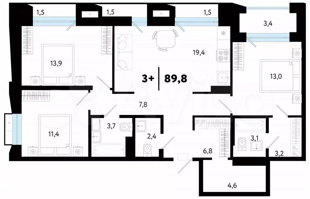 3-к. квартира, 89,9 м, 4/5 эт. - Фото 0