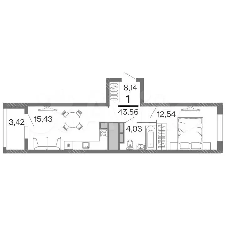 1-к. квартира, 43,6 м, 13/16 эт. - Фото 1