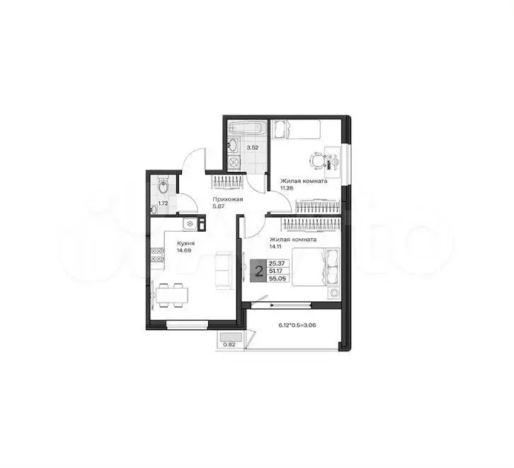 2-к. квартира, 55,1 м, 6/8 эт. - Фото 1