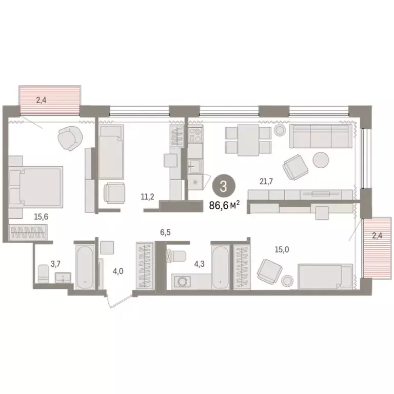3-комнатная квартира: Тюмень, Краснооктябрьская улица, 4к3 (86.63 м) - Фото 1