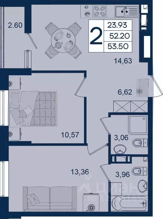 2-к кв. Краснодарский край, Краснодар  (53.5 м) - Фото 1