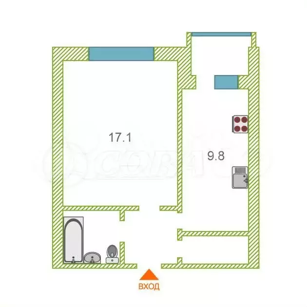 1-к. квартира, 27,9 м, 6/9 эт. - Фото 0