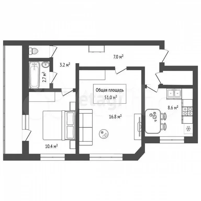 2-к. квартира, 51 м, 1/9 эт. - Фото 0