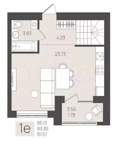 1-к. квартира, 83,4 м, 1/5 эт. - Фото 1