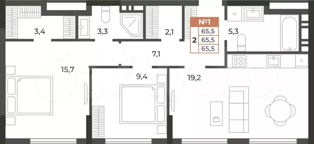 2-к. квартира, 65,5 м, 2/8 эт. - Фото 0