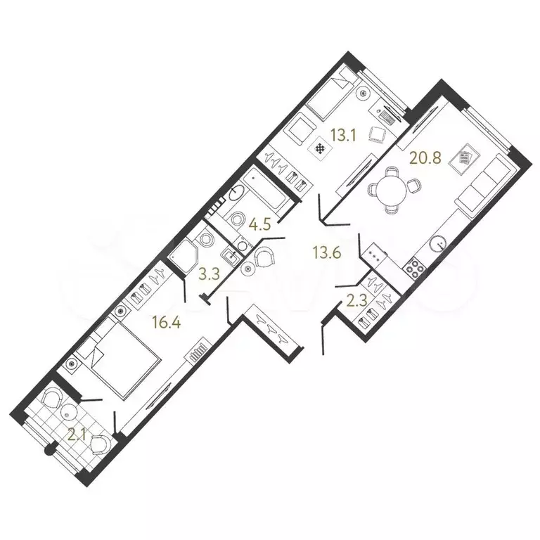 2-к. квартира, 74 м, 6/9 эт. - Фото 0