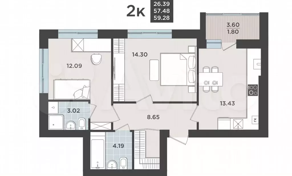 2-к. квартира, 57,5 м, 3/9 эт. - Фото 1