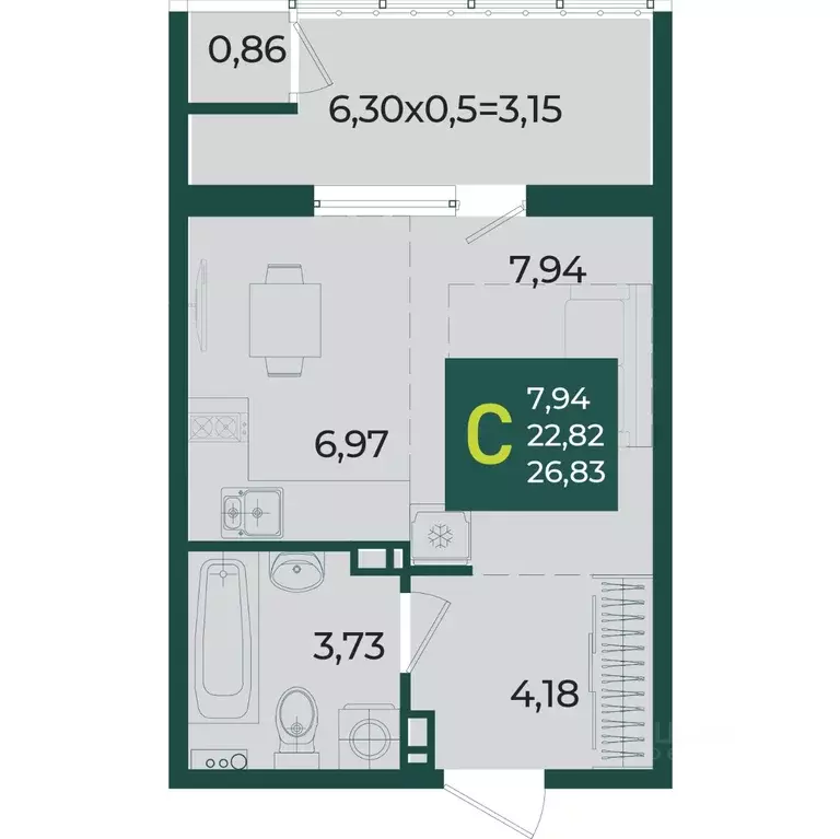 Студия Краснодарский край, Краснодар Образцово мкр,  (26.83 м) - Фото 0
