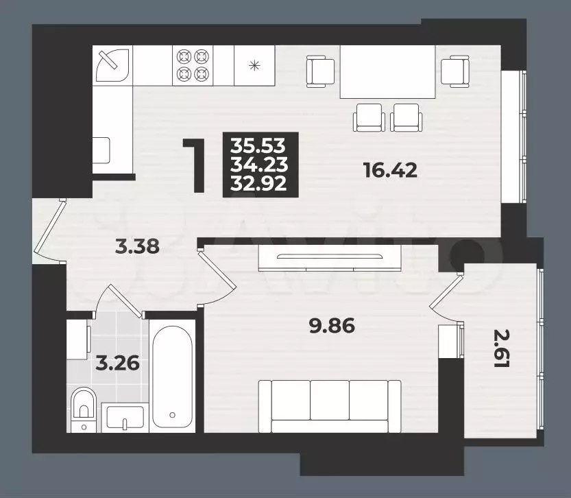 1-к. квартира, 36 м, 8/9 эт. - Фото 1