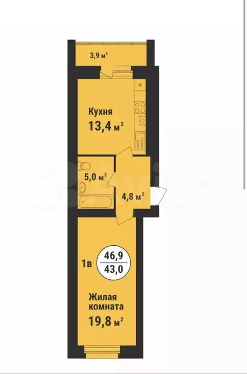 1-к. квартира, 47м, 5/9эт. - Фото 1