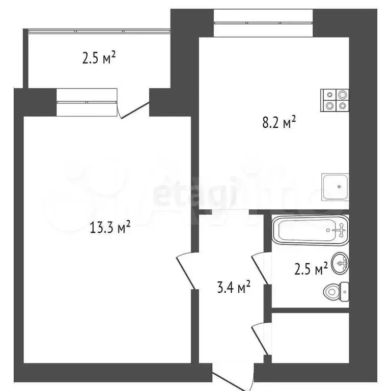 1-к. квартира, 32,3 м, 1/5 эт. - Фото 1