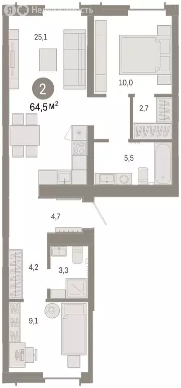 3-комнатная квартира: Тюмень, улица Республики, 205к2 (64.4 м) - Фото 2