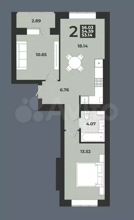 2-к. квартира, 56 м, 2/9 эт. - Фото 1