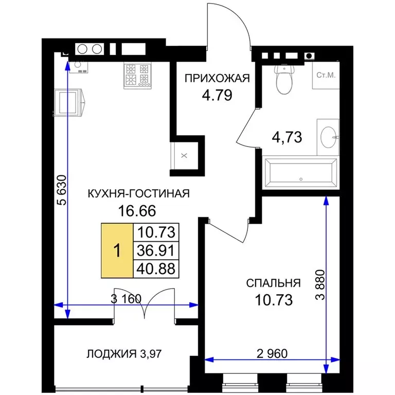 1-комнатная квартира: Гурьевск, жилой комплекс Включи (40.88 м) - Фото 0