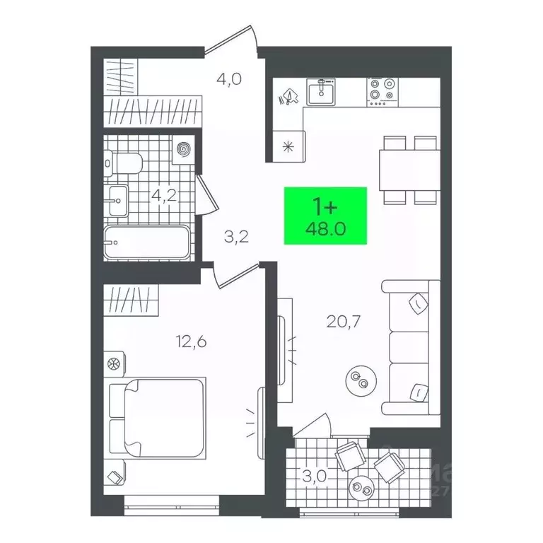 1-к кв. Тюменская область, Тюмень ул. Николая Глебова, 10 (48.01 м) - Фото 0