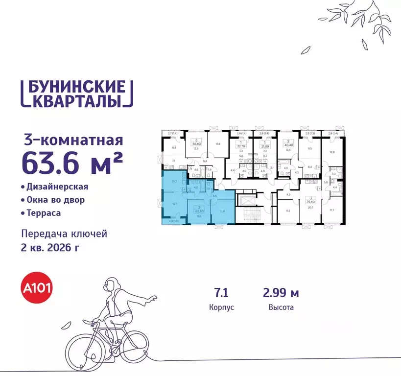 3-к кв. Москва Бунинские Кварталы жилой комплекс, 7.1 (63.6 м) - Фото 1