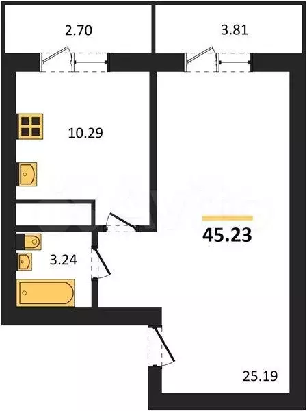 1-к. квартира, 45,2 м, 5/9 эт. - Фото 1