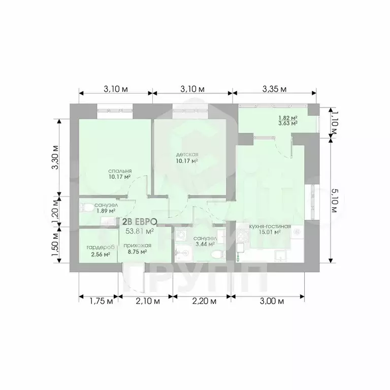 2-к. квартира, 53,8 м, 2/3 эт. - Фото 1