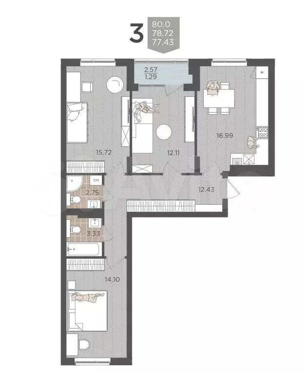 3-к. квартира, 78,7 м, 3/9 эт. - Фото 1
