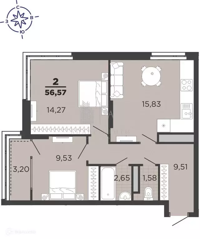 Продаётся 2-к квартира, 56.57 м - Фото 0