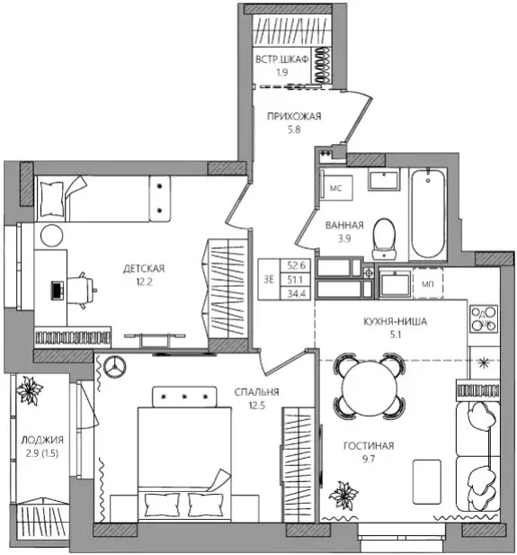 3-комнатная квартира: деревня Кондратово, Водопроводная улица, 5 (52.6 ... - Фото 1
