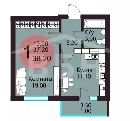 1-комнатная квартира: посёлок Отрадное, Каштановая улица, 9 (38.2 м) - Фото 0