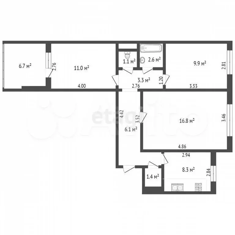 3-к. квартира, 60,5 м, 6/10 эт. - Фото 0
