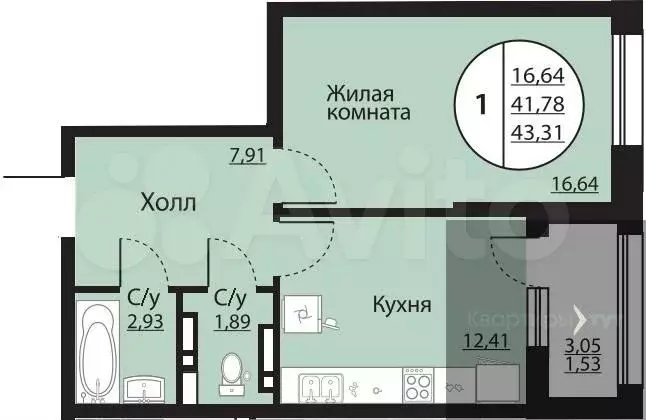 1-к. квартира, 43,3 м, 13/24 эт. - Фото 0
