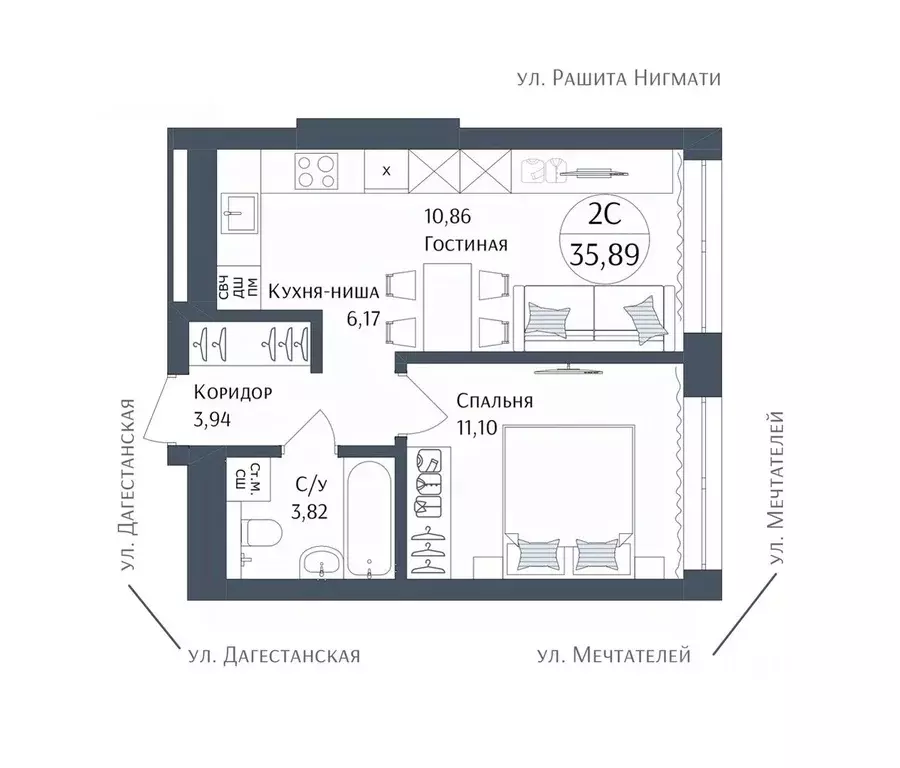 2-к кв. Башкортостан, Уфа Дагестанская ул. (35.89 м) - Фото 1