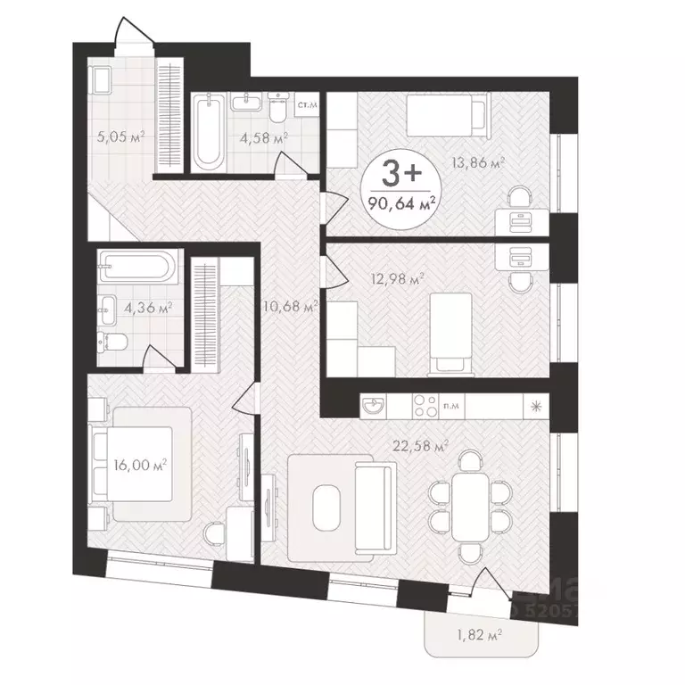 3-к кв. Башкортостан, Уфа Южный-2 мкр,  (90.64 м) - Фото 1