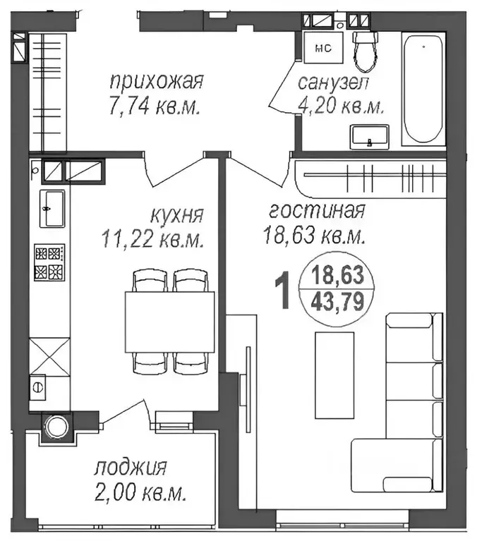 1-к кв. Калининградская область, Калининград ул. Кипарисовая, 2 (45.0 ... - Фото 2