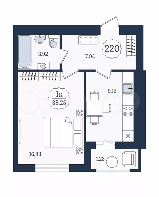 1-к. квартира, 38,3 м, 8/9 эт. - Фото 1