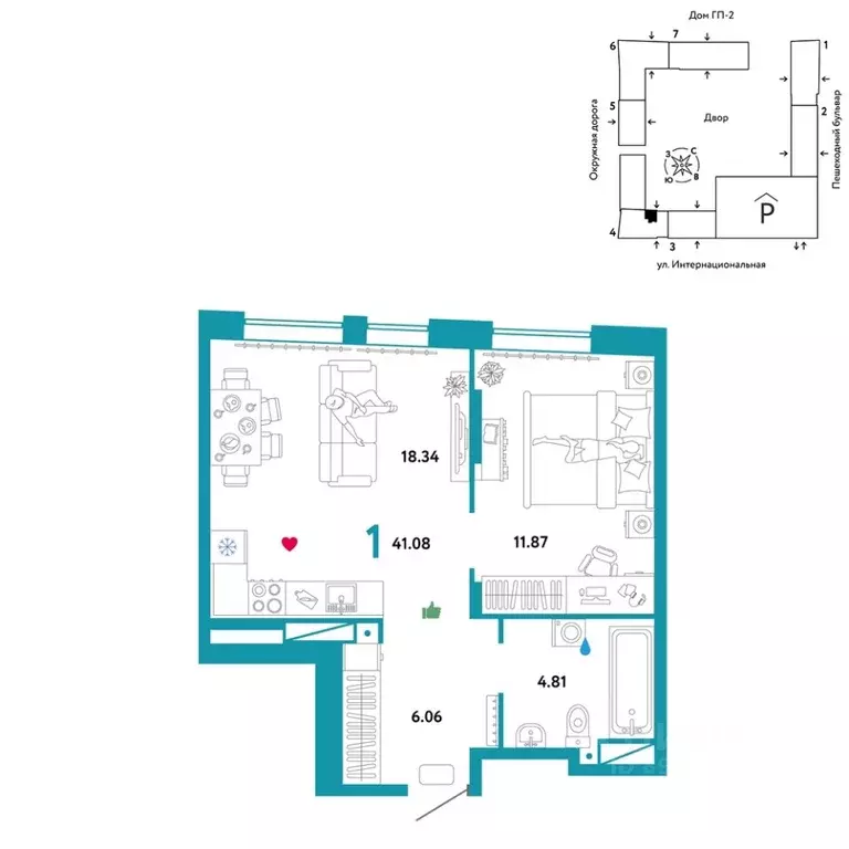 1-к кв. Тюменская область, Тюмень Интернациональная ул., 199к9 (41.08 ... - Фото 1