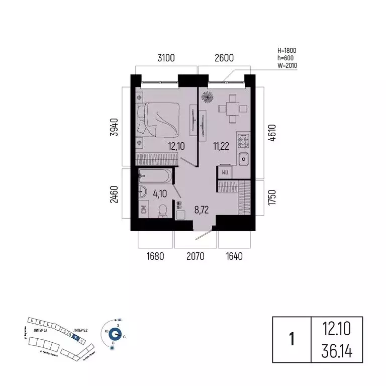 1-комнатная квартира: Уфа, улица Рудольфа Нуреева, 7 (36.14 м) - Фото 1