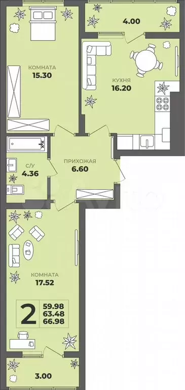 2-к. квартира, 67 м, 2/8 эт. - Фото 1