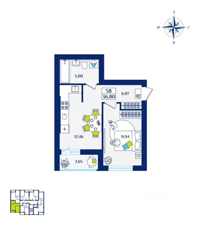 1-к кв. Калининградская область, Зеленоградск  (36.8 м) - Фото 1