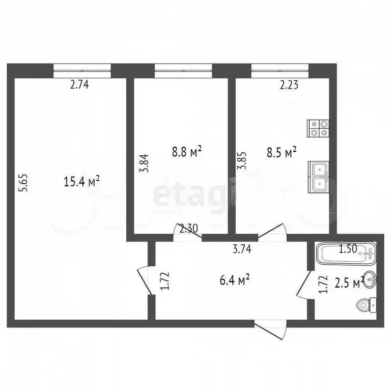 2-к. квартира, 42,8 м, 3/3 эт. - Фото 0