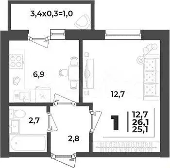 1-к. квартира, 26,1 м, 5/5 эт. - Фото 1