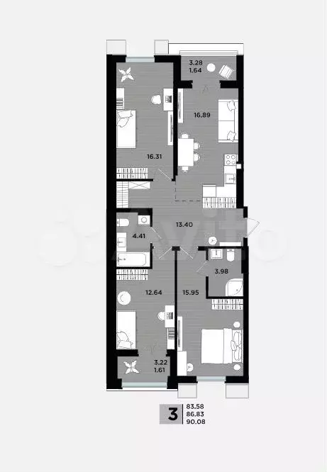 3-к. квартира, 86,8 м, 5/5 эт. - Фото 1